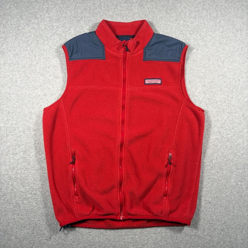 Vineyard Vines Fleece Vest Mens Large Red Full Zip Nylon Trim Sleeveless Jacket